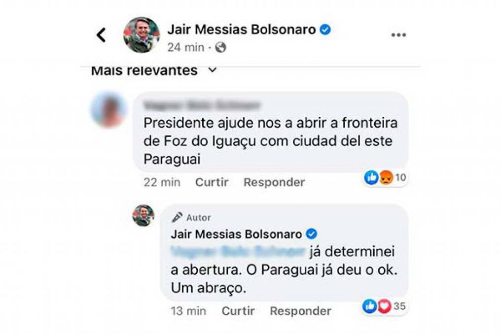 Bolsonaro confirmó reapertura de la frontera en un comentario de Facebook