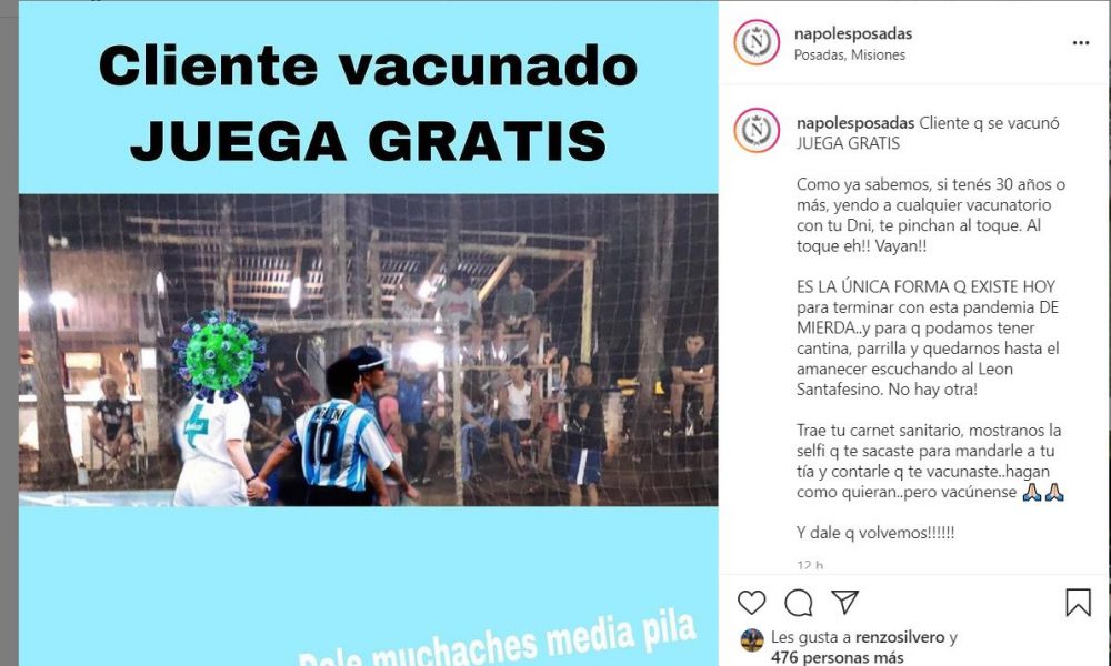 “Cliente que se vacunó juega gratis”, la propuesta de Nápoles fútbol 7