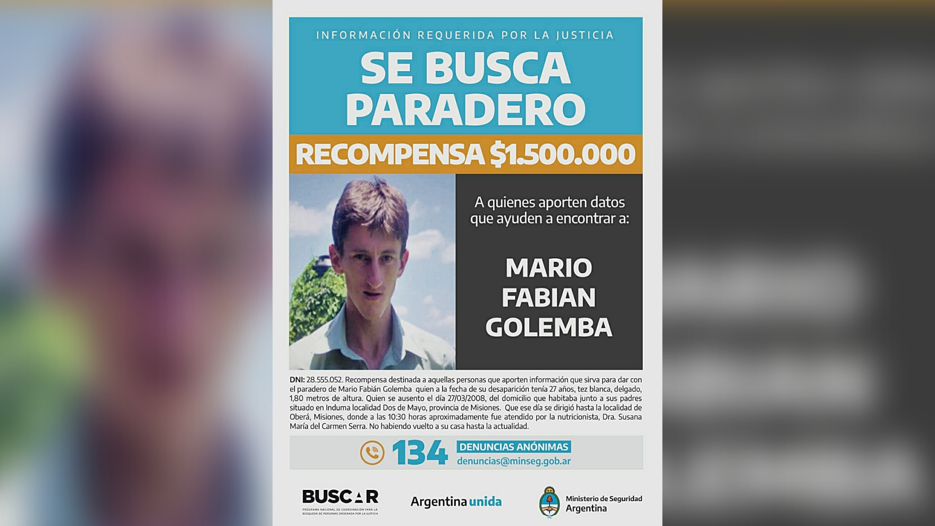 Nación ofrece $1.500.000 por información sobre Mario Golemba