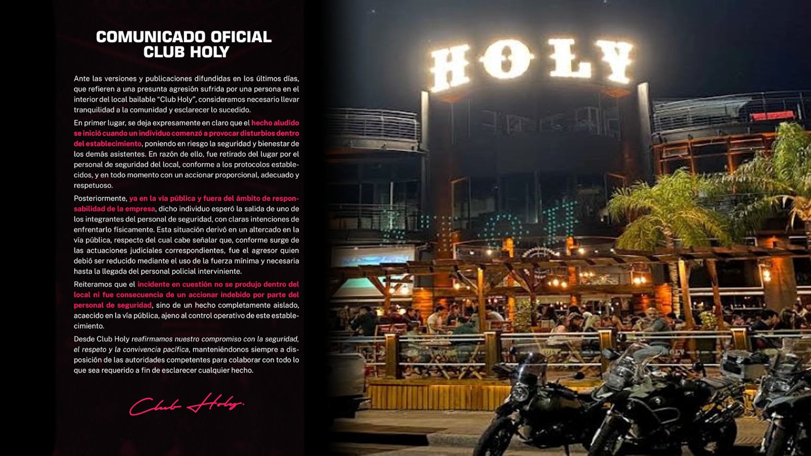 Descargo de Holy tras denuncia de golpiza: “No se produjo dentro del local”