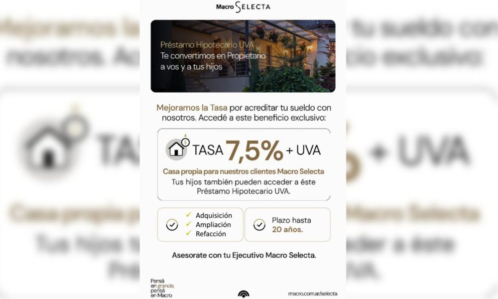 Banco Macro mejora las tasas de préstamos hipotecarios a 20 años